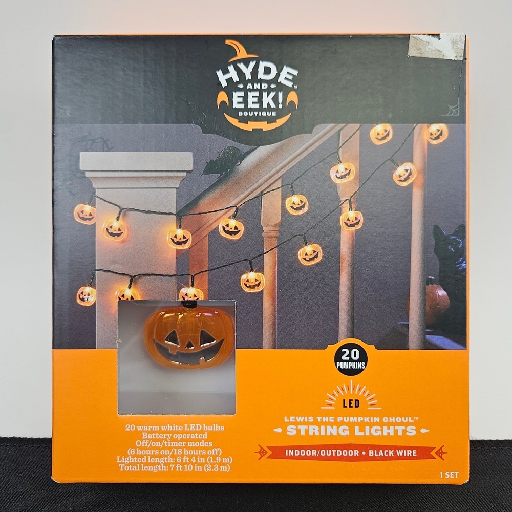 Hyde and Eek! Boutique Lewis the Pumpkin Ghoul LED‎ String Lights 20 ct. New